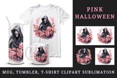 Watercolor Pink Halloween horror ghost flowers skull grim reaper 20 oz tumbler skinny mug wrap clipart t-shirt sublimation printable design