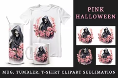 Watercolor Pink Halloween horror ghost flowers skull grim reaper 20 oz tumbler skinny mug wrap clipart t-shirt sublimation printable design