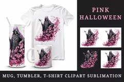 Watercolor Pink Halloween horror ghost flowers skull grim reaper 20 oz tumbler skinny mug wrap clipart t-shirt sublimation printable design