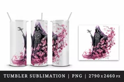 Watercolor Pink Halloween horror ghost flowers skull grim reaper 20 oz tumbler skinny mug wrap clipart t-shirt sublimation printable design