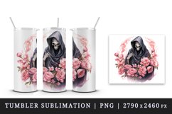 Watercolor Pink Halloween horror ghost flowers skull grim reaper 20 oz tumbler skinny mug wrap clipart t-shirt sublimation printable design