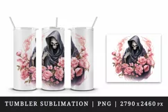 Watercolor Pink Halloween horror ghost flowers skull grim reaper 20 oz tumbler skinny mug wrap clipart t-shirt sublimation printable design
