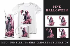 Watercolor Pink Halloween horror ghost flowers skull grim reaper 20 oz tumbler skinny mug wrap clipart t-shirt sublimation printable design