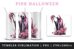 Watercolor Pink Halloween horror ghost flowers skull grim reaper 20 oz tumbler skinny mug wrap clipart t-shirt sublimation printable design