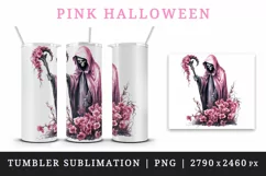 Watercolor Pink Halloween horror ghost flowers skull grim reaper 20 oz tumbler skinny mug wrap clipart t-shirt sublimation printable design