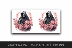 Watercolor Pink Halloween horror ghost flowers skull grim reaper 20 oz tumbler skinny mug wrap clipart t-shirt sublimation printable design