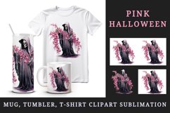 Watercolor Pink Halloween horror ghost flowers skull grim reaper 20 oz tumbler skinny mug wrap clipart t-shirt sublimation printable design