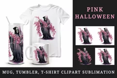 Watercolor Pink Halloween horror ghost flowers skull grim reaper 20 oz tumbler skinny mug wrap clipart t-shirt sublimation printable design