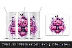 Watercolor Pink Halloween horror pumpkin carving Jack-o-lantern bat 20 oz tumbler skinny mug wrap clipart t-shirt sublimation printable design