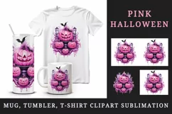 Watercolor Pink Halloween horror pumpkin carving Jack-o-lantern bat 20 oz tumbler skinny mug wrap clipart t-shirt sublimation printable design