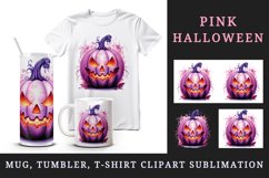 Watercolor Pink Halloween leaves horror pumpkin carving Jack-o-lantern 20 oz tumbler skinny mug wrap clipart t-shirt sublimation printable design