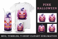 Watercolor Pink Halloween leaves horror pumpkin carving Jack-o-lantern 20 oz tumbler skinny mug wrap clipart t-shirt sublimation printable design