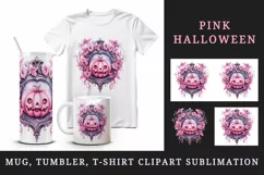 Watercolor Pink Halloween leaves horror pumpkin carving Jack-o-lantern 20 oz tumbler skinny mug wrap clipart t-shirt sublimation printable design