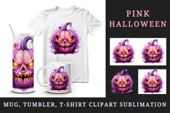 Watercolor Pink Halloween leaves horror pumpkin carving Jack-o-lantern 20 oz tumbler skinny mug wrap clipart t-shirt sublimation printable design
