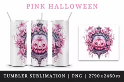 Watercolor Pink Halloween leaves horror pumpkin carving Jack-o-lantern 20 oz tumbler skinny mug wrap clipart t-shirt sublimation printable design