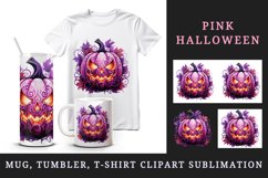 Watercolor Pink Halloween leaves horror pumpkin carving Jack-o-lantern 20 oz tumbler skinny mug wrap clipart t-shirt sublimation printable design