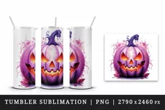 Watercolor Pink Halloween leaves horror pumpkin carving Jack-o-lantern 20 oz tumbler skinny mug wrap clipart t-shirt sublimation printable design