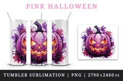 Watercolor Pink Halloween leaves horror pumpkin carving Jack-o-lantern 20 oz tumbler skinny mug wrap clipart t-shirt sublimation printable design