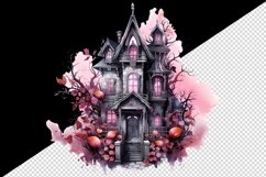 Watercolor Pink Halloween night castle haunted house 20 oz tumbler skinny mug wrap clipart t-shirt sublimation printable design