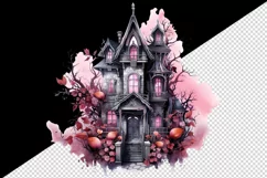 Watercolor Pink Halloween night castle haunted house 20 oz tumbler skinny mug wrap clipart t-shirt sublimation printable design