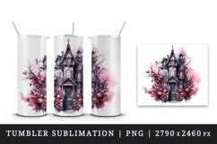 Watercolor Pink Halloween night castle haunted house 20 oz tumbler skinny mug wrap clipart t-shirt sublimation printable design