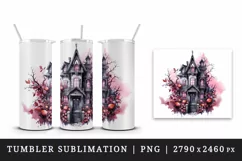 Watercolor Pink Halloween night castle haunted house 20 oz tumbler skinny mug wrap clipart t-shirt sublimation printable design