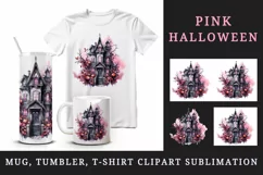 Watercolor Pink Halloween night castle haunted house 20 oz tumbler skinny mug wrap clipart t-shirt sublimation printable design