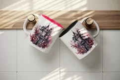 Watercolor Pink Halloween night castle haunted house 20 oz tumbler skinny mug wrap clipart t-shirt sublimation printable design