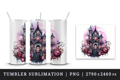 Watercolor Pink Halloween night castle haunted house moon 20 oz tumbler skinny mug wrap clipart t-shirt sublimation printable design