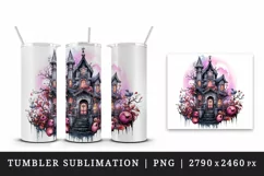 Watercolor Pink Halloween night castle haunted house moon 20 oz tumbler skinny mug wrap clipart t-shirt sublimation printable design
