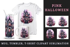 Watercolor Pink Halloween night castle haunted house moon 20 oz tumbler skinny mug wrap clipart t-shirt sublimation printable design