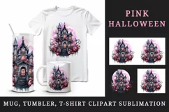 Watercolor Pink Halloween night castle haunted house moon 20 oz tumbler skinny mug wrap clipart t-shirt sublimation printable design