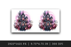 Watercolor Pink Halloween night castle haunted house moon 20 oz tumbler skinny mug wrap clipart t-shirt sublimation printable design