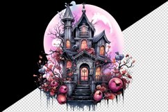 Watercolor Pink Halloween night castle haunted house moon 20 oz tumbler skinny mug wrap clipart t-shirt sublimation printable design