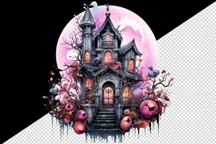 Watercolor Pink Halloween night castle haunted house moon 20 oz tumbler skinny mug wrap clipart t-shirt sublimation printable design