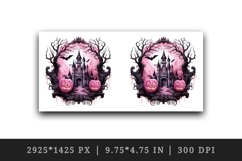 Watercolor Pink Halloween night pumpkins castle haunted house Jack-o-lantern 20 oz tumbler skinny mug wrap clipart t-shirt sublimation printable design