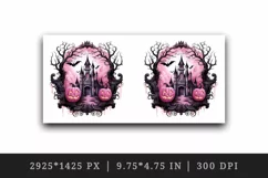 Watercolor Pink Halloween night pumpkins castle haunted house Jack-o-lantern 20 oz tumbler skinny mug wrap clipart t-shirt sublimation printable design