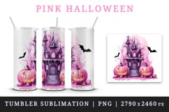 Watercolor Pink Halloween night pumpkins castle haunted house Jack-o-lantern 20 oz tumbler skinny mug wrap clipart t-shirt sublimation printable design