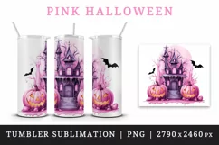 Watercolor Pink Halloween night pumpkins castle haunted house Jack-o-lantern 20 oz tumbler skinny mug wrap clipart t-shirt sublimation printable design
