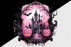 Watercolor Pink Halloween night pumpkins castle haunted house Jack-o-lantern 20 oz tumbler skinny mug wrap clipart t-shirt sublimation printable design