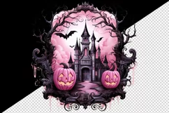 Watercolor Pink Halloween night pumpkins castle haunted house Jack-o-lantern 20 oz tumbler skinny mug wrap clipart t-shirt sublimation printable design