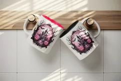Watercolor Pink Halloween night pumpkins castle haunted house Jack-o-lantern 20 oz tumbler skinny mug wrap clipart t-shirt sublimation printable design