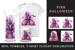 Watercolor Pink Halloween night pumpkins castle haunted house Jack-o-lantern 20 oz tumbler skinny mug wrap clipart t-shirt sublimation printable design