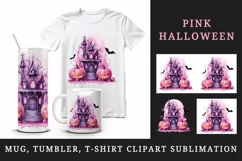 Watercolor Pink Halloween night pumpkins castle haunted house Jack-o-lantern 20 oz tumbler skinny mug wrap clipart t-shirt sublimation printable design