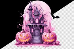 Watercolor Pink Halloween night pumpkins castle haunted house Jack-o-lantern 20 oz tumbler skinny mug wrap clipart t-shirt sublimation printable design