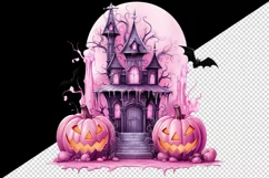 Watercolor Pink Halloween night pumpkins castle haunted house Jack-o-lantern 20 oz tumbler skinny mug wrap clipart t-shirt sublimation printable design