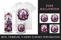 Watercolor Pink Halloween night pumpkins castle haunted house Jack-o-lantern 20 oz tumbler skinny mug wrap clipart t-shirt sublimation printable design