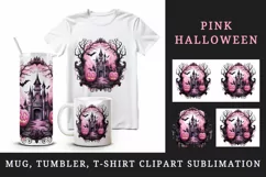 Watercolor Pink Halloween night pumpkins castle haunted house Jack-o-lantern 20 oz tumbler skinny mug wrap clipart t-shirt sublimation printable design