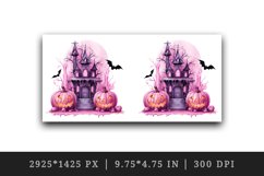 Watercolor Pink Halloween night pumpkins castle haunted house Jack-o-lantern 20 oz tumbler skinny mug wrap clipart t-shirt sublimation printable design