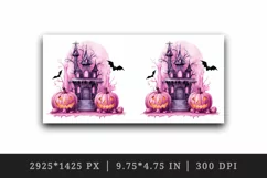 Watercolor Pink Halloween night pumpkins castle haunted house Jack-o-lantern 20 oz tumbler skinny mug wrap clipart t-shirt sublimation printable design